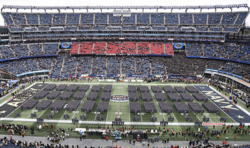 Cadets stand on the field before the Army-Navy game on Dec. 9, 2023.