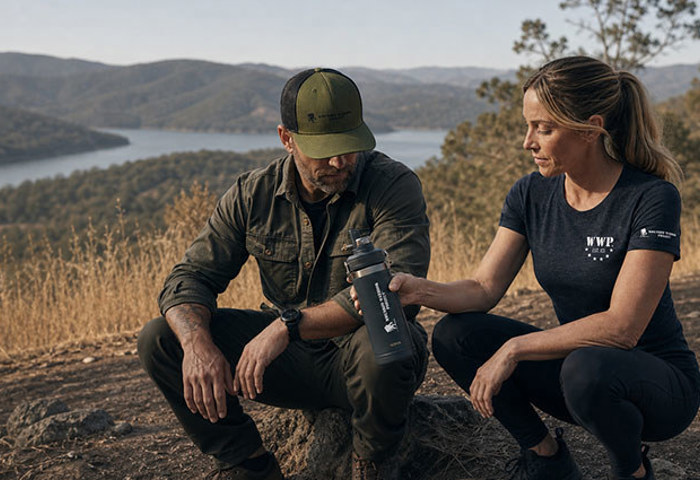 A man and woman wearing WWP-branded outdoor apparel crouch along a hiking trail overlooking a scenic lake and mountain landscape.