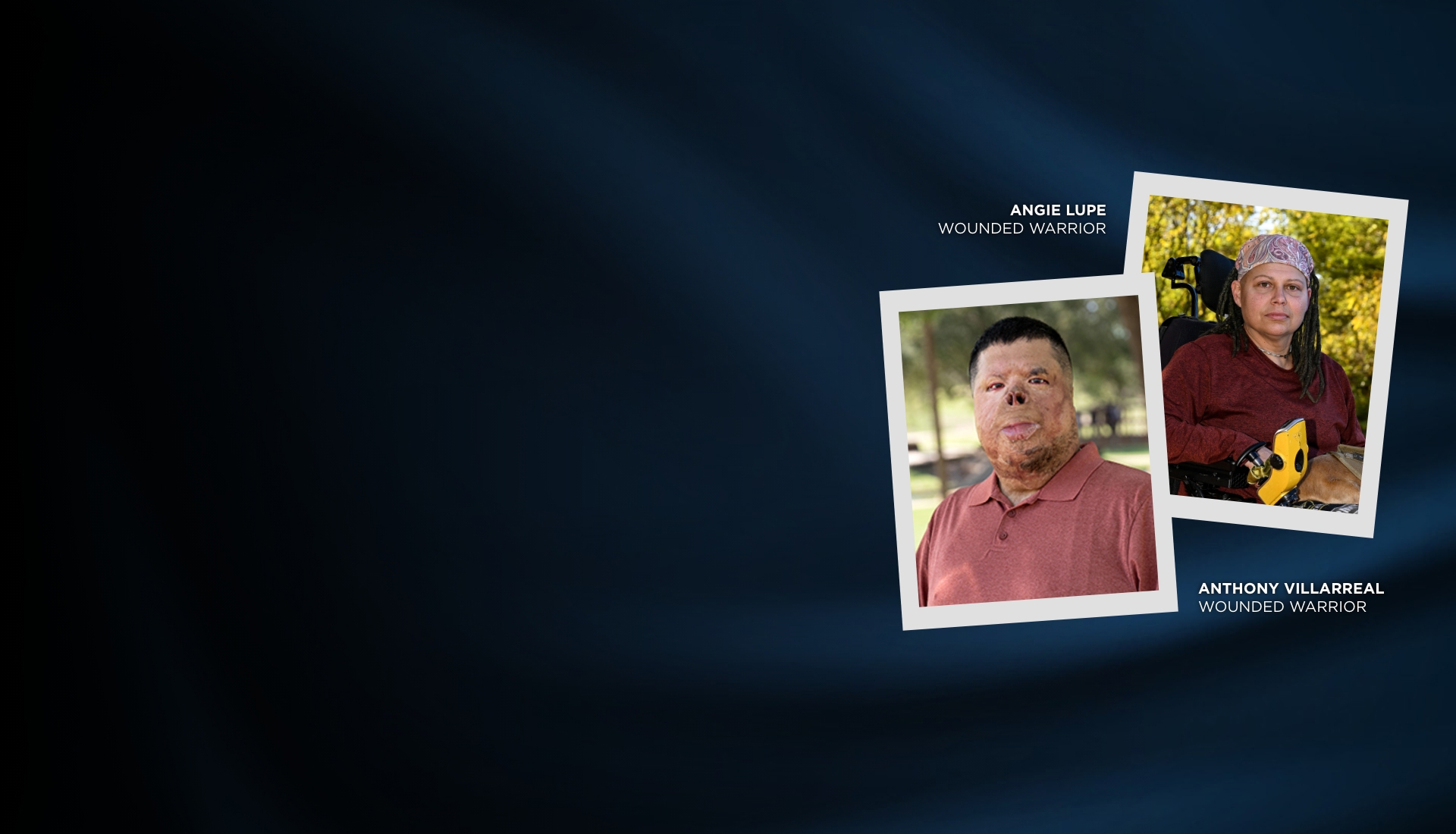 Individual portraits of wounded warriors Anthony Villarreal and Angie Lupe with white borders against a blue satin-look background.