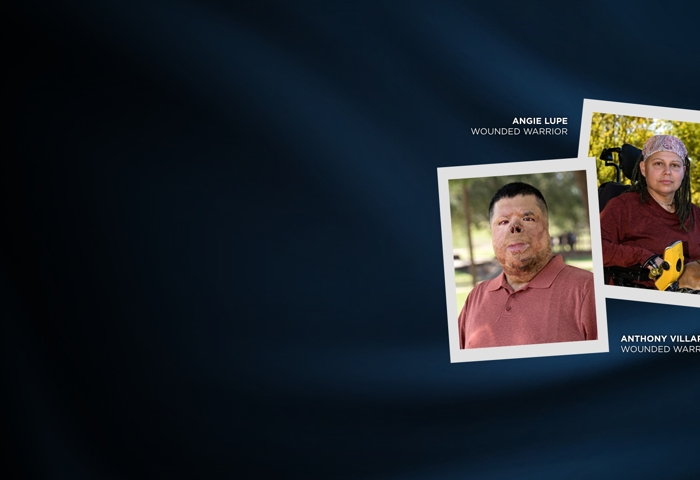 Individual portraits of wounded warriors Anthony Villarreal and Angie Lupe with white borders against a blue satin-look background.