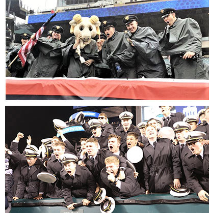 Army and Navy fans cheer on their teams.