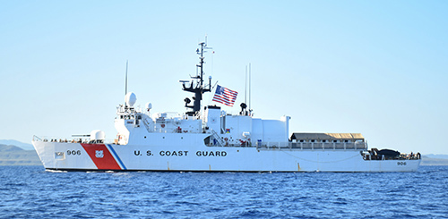 A Coast Guard cutter conducts security patrols in the Caribbean Sea.