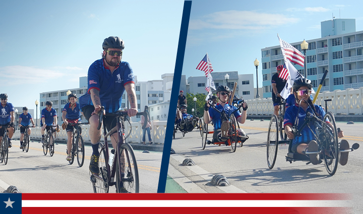 Alumni de WWP circulando con bicicletas de carretera y adaptadas por una calle soleada y algunas llevan la bandera estadounidense.