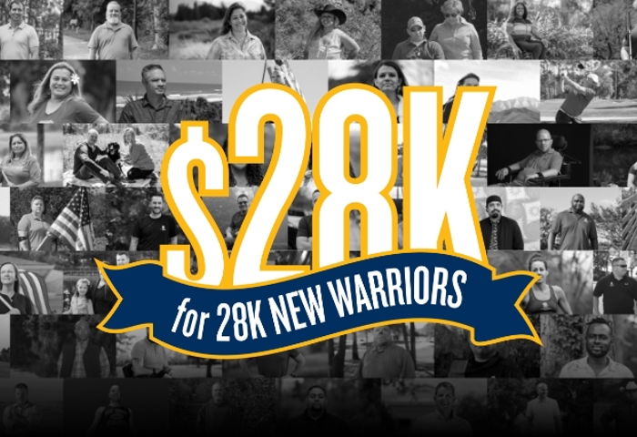 Background is a black and white collage of warrior images. On the right is a $28K for 28K new warriors graphic.
