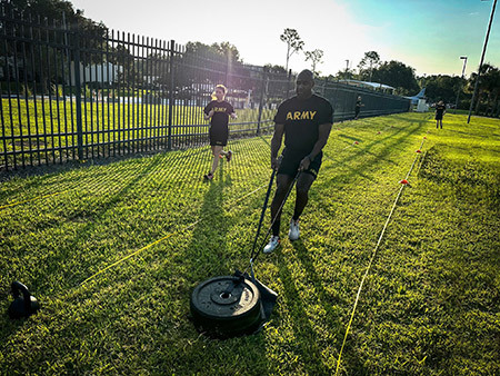 Soldiers participate in an Army Combat Fitness Test (ACFT).