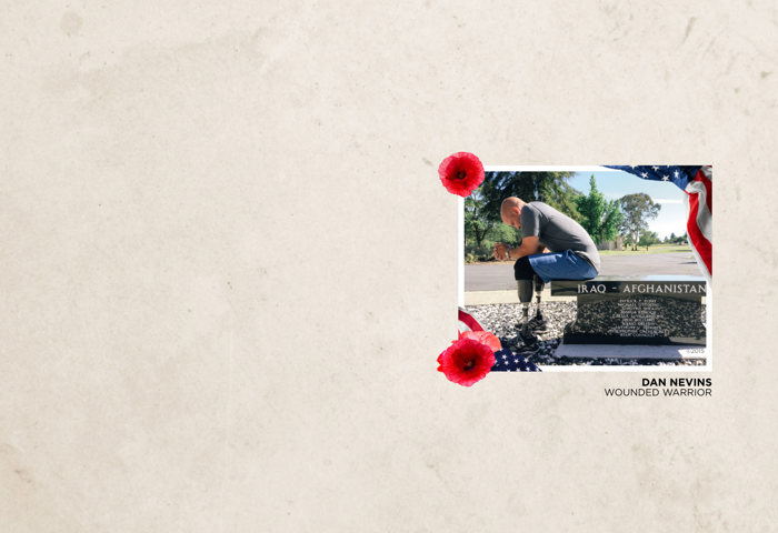 Photo of warrior Dan Nevins sitting on an Iraq & Afghanistan war memorial bench. Photo on tan background with poppy flowers.