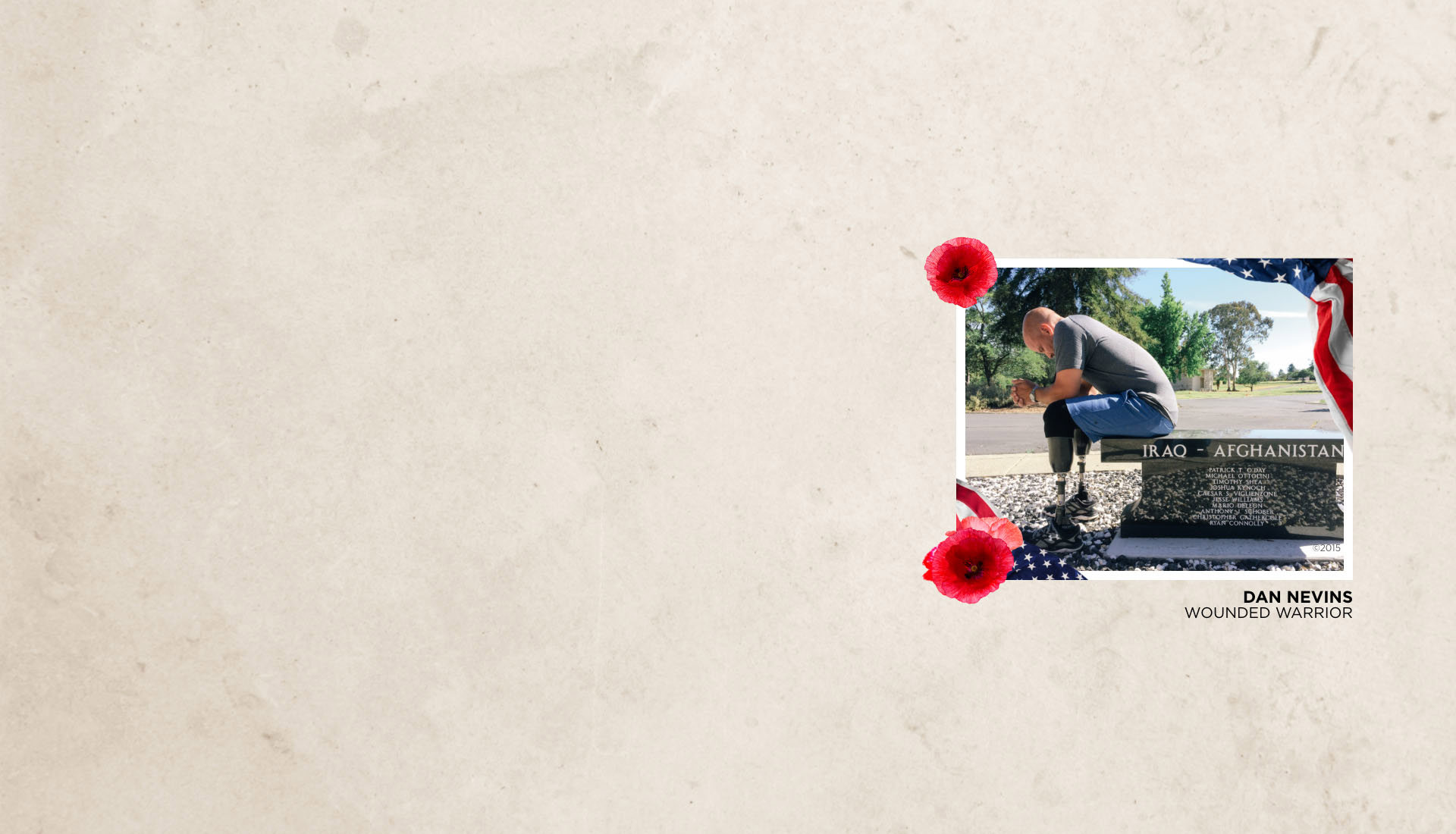 Photo of warrior Dan Nevins sitting on an Iraq & Afghanistan war memorial bench. Photo on tan background with poppy flowers.
