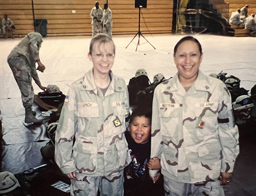 Lori Piestewa with friend and fellow soldier Jessica Lynch and Lori's son. Lori died following an ambush of their convoy in Iraq, and Jessica was captured and held as a prisoner of war.