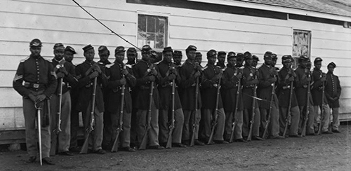 Company E, 4th U.S. Colored Infantry, at Fort Lincoln, during the Civil War. The U.S. Colored Troops played a critical role in the outcome of the Civil War.