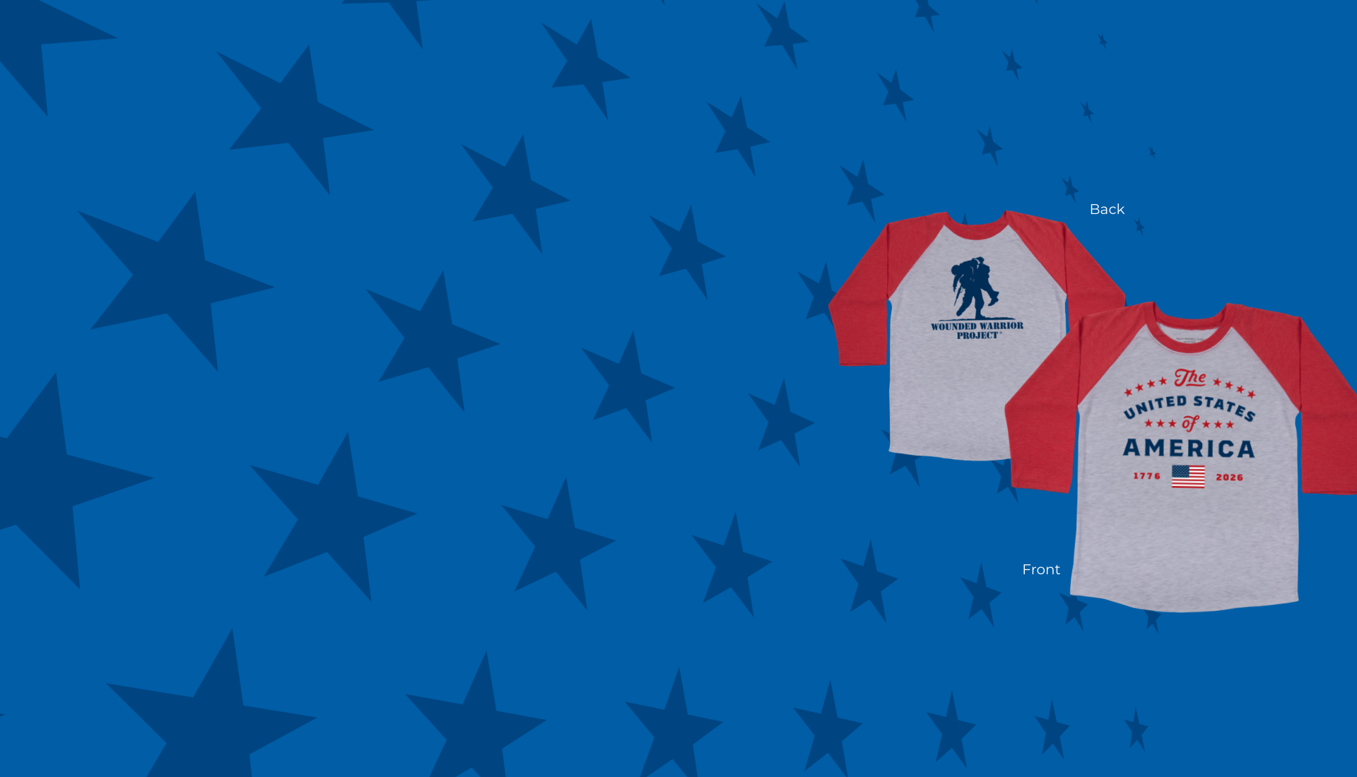 Gray baseball-style shirt with red sleeves with the Wounded Warrior Project® logo in navy on the back. The front of the shirt has a design that says, The United States of America 1776 – 2026.