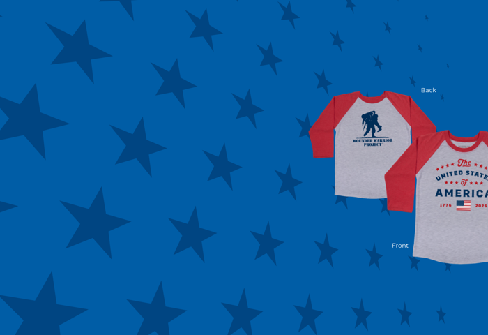 Gray baseball-style shirt with red sleeves with the Wounded Warrior Project® logo in navy on the back. The front of the shirt has a design that says, The United States of America 1776 – 2026.