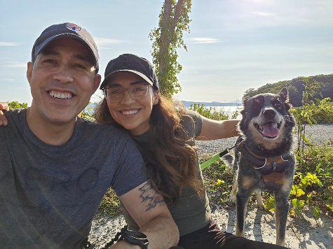 Sergio and Christina Alfaro with their dog Luna out at a beach, taking some time to regroup