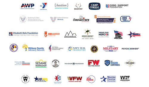 Un collage con los logotipos de las Community Partnerships de 2023-2024 para mejorar el apoyo a veteranos.