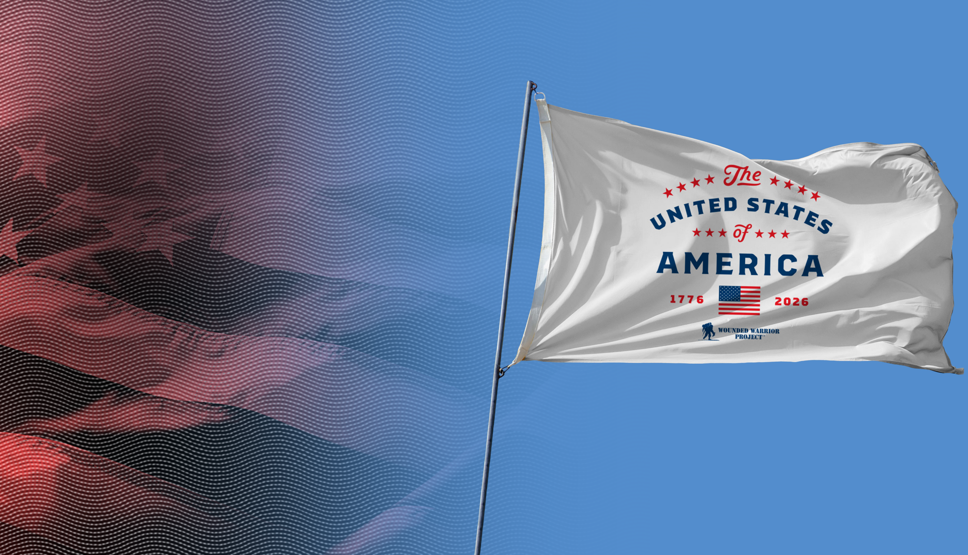 White flag that says “The United States of America. 1776-2026