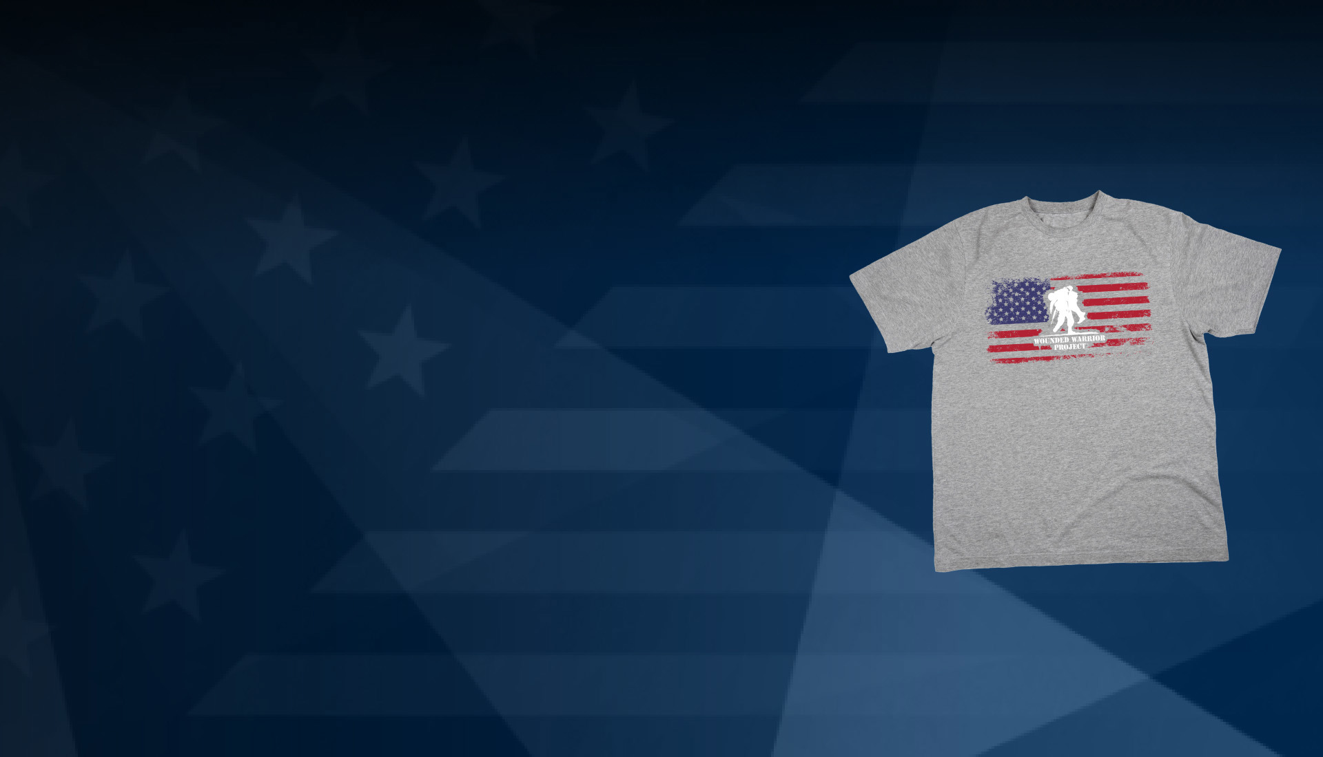 A light gray shirt with the flag and the Wounded Warrior Project logo. Behind the T-shirt, a blue background of the American flag.