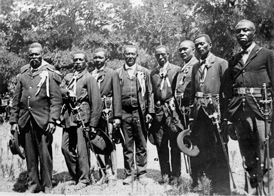 Civil War reenactors at a Juneteenth celebration at Eastwoods Park in 1900 in a photo taken by Grace Murray Stephenson. (Photo courtesy of Austin History Center, Austin Public Library)