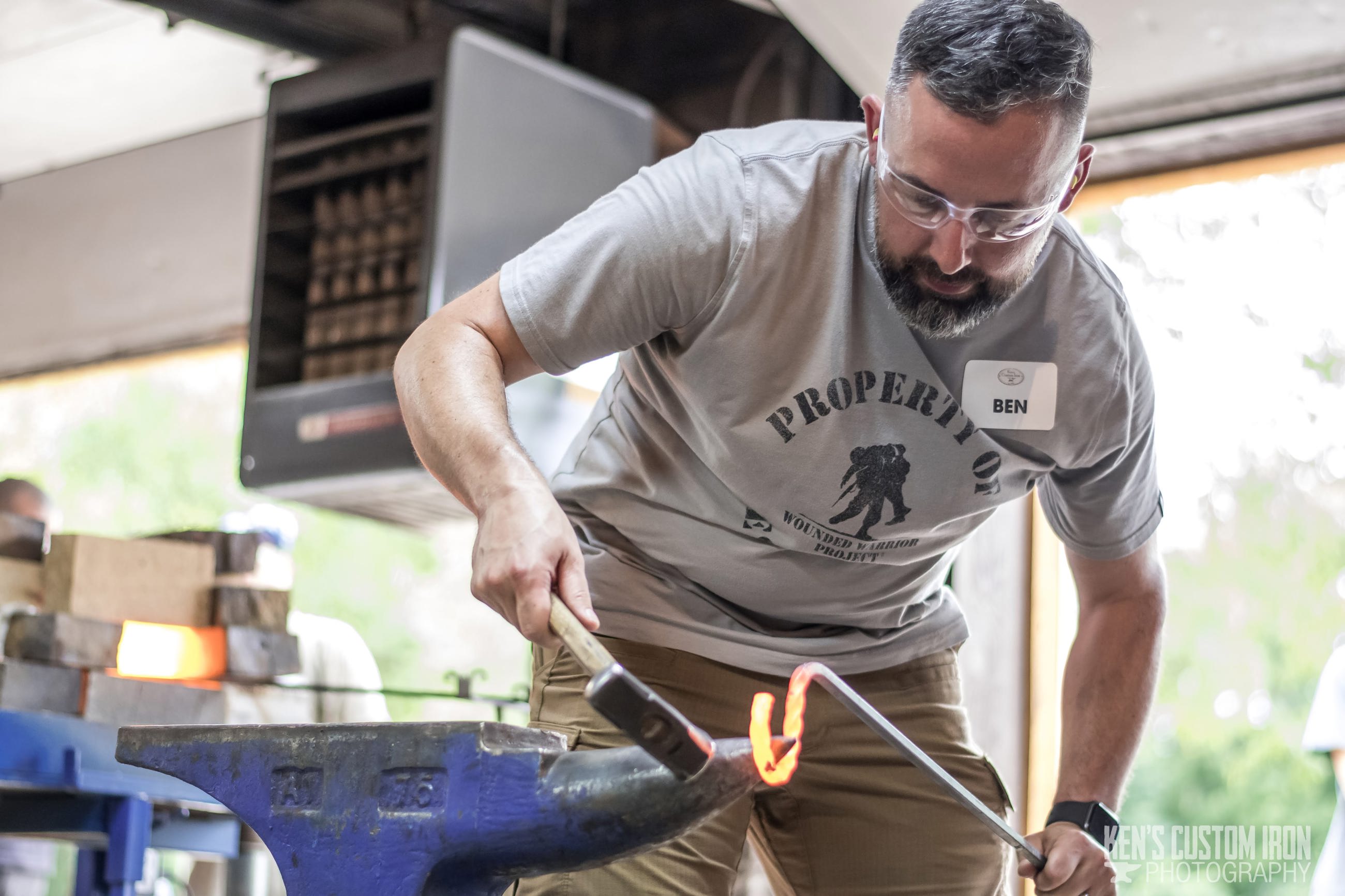Injured veterans had the opportunity to learn blacksmithing alongside other veterans from Wounded Warrior Project® (WWP) at Ken’s Custom Iron in Avon, Minn. The shop donated the class and prepared lunch for the group.