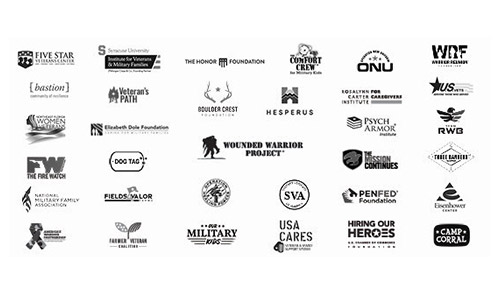 A collage featuring the logos of the second phase of 2021 Veterans Service Organization Partnerships.