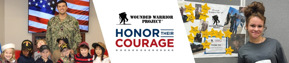 Students smile with a veteran in their classroom next to the logo of WWP Honor Their Courage Student Ambassadors.