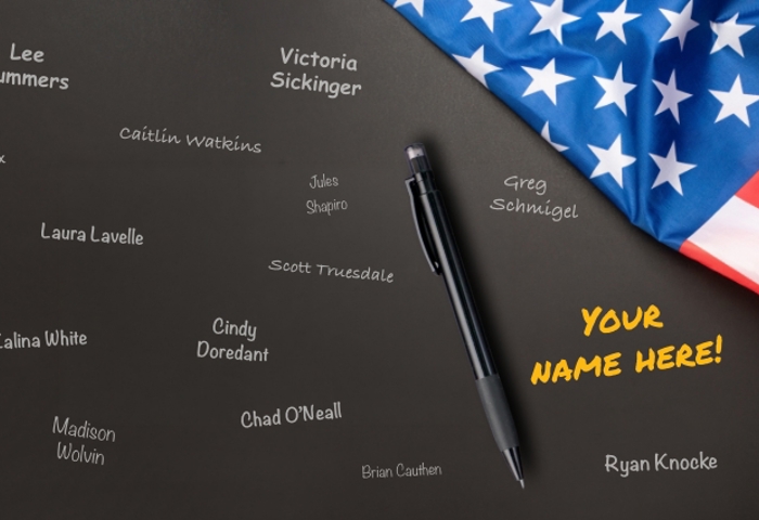 Black background with white names. A draped American flag and your name here written in yellow are on the right side of the image.