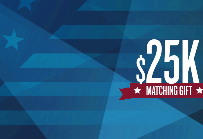 Blue American flag design in the background with a white 25K graphic and matching gift written on a dark red ribbon.
