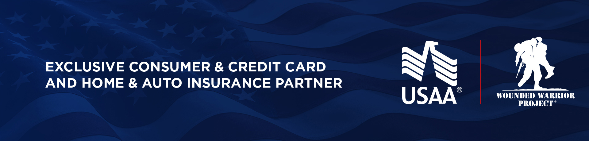 Blue banner with American flag pattern. White text says “Exclusive Consumer & Credit Card and Home & Auto Insurance Partner.”