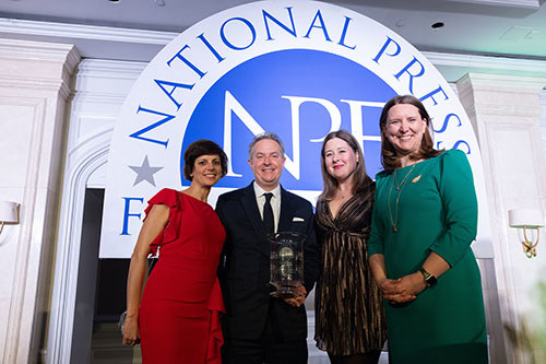 Long Lead’s Emily Barone (from left), John Patrick Pullen, and Sarah Rogers join National Press Foundation President Anne Godlasky at the National Press Foundation Awards in Washington, DC.