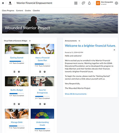 A screenshot of the homepage for the Warrior Financial Empowerment course.