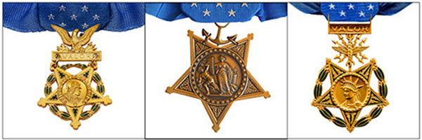 The three versions (Army, Navy, Air Force) of the Medal of Honor, which is the nation's highest military award for valor.