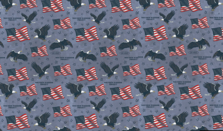 Blue grey fabric with eagles and American Flags of different sizes with WWP logo throughout.