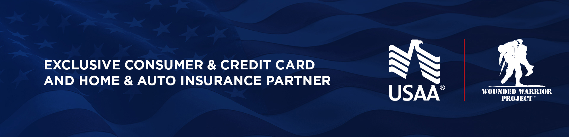 Blue banner with American flag pattern. White text says “Exclusive Consumer & Credit Card and Home & Auto Insurance Partner.”