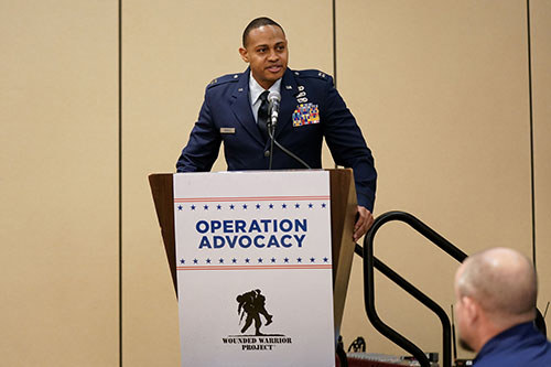 Dr. Tyshawn Jenkins speaks to the public while advocating for veterans issues in Washington, DC.