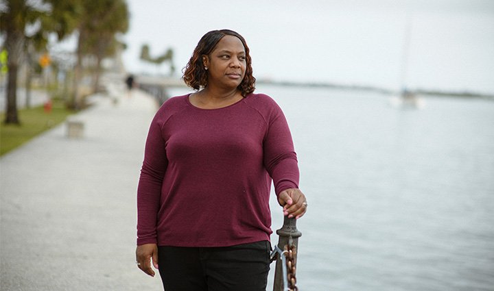 Wounded warrior Yolanda Poullard looking out over the waterfront.