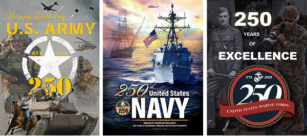 Brochures for the 250th birthday celebrations of the Army, Navy, and Marines.
