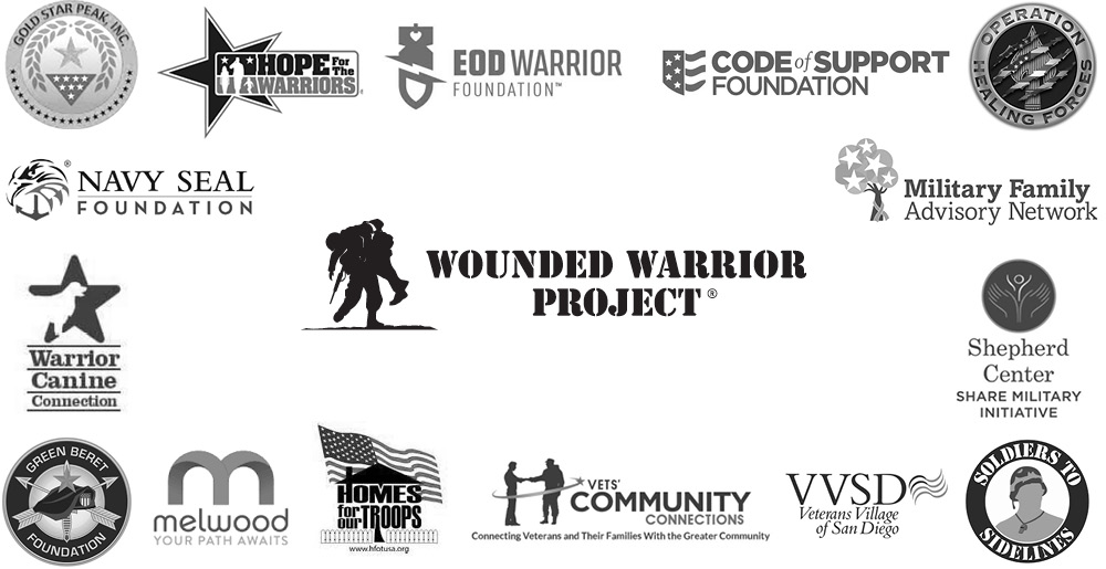 A collage featuring the logos of the first phase of 2021 Veterans Service Organization Partnerships.