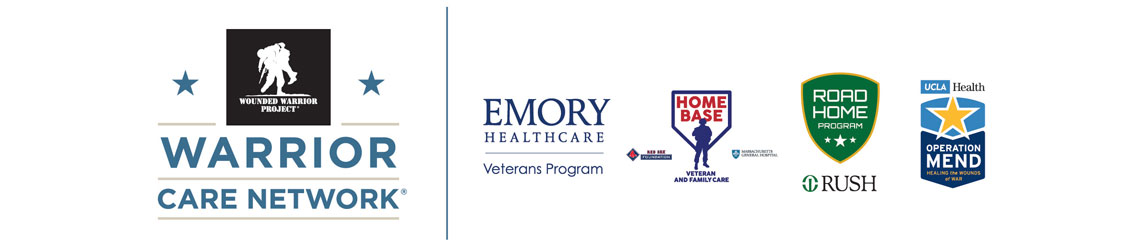 El logotipo de Warrior Care Network respaldado por los logotipos de Emory Healthcare Veterans Program, Massachusetts General Hospital Home Base Program, Rush University Medical Center Road Home Program y UCLA Health Operation Mend Program.